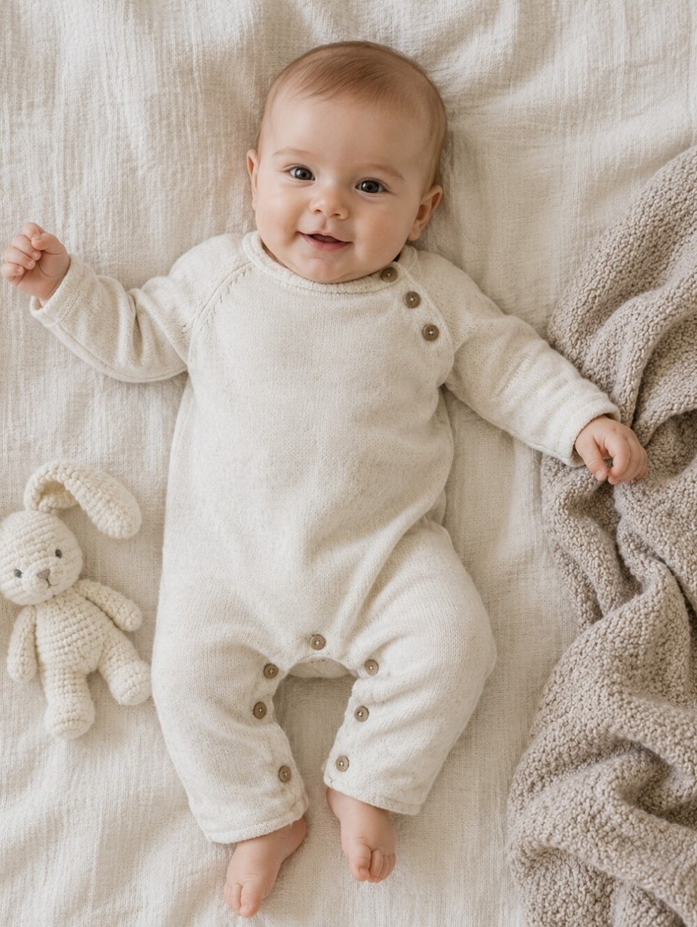 Quincy Mae Neutral Knit Baby Footless Onesie in Cream | 0-3M
